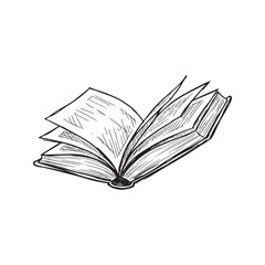 Hand drawn sketch of an open book with fanned pages. Vintage doodle illustration of a literature textbook or novel isolated on background.
