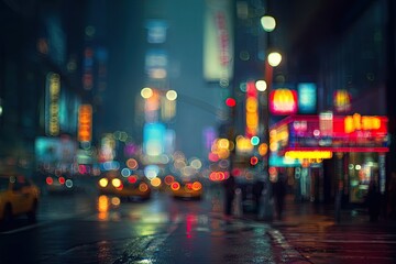 Blurry nighttime city street with lights, rain, and wet pavement