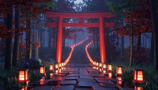Enchanting japanese torii gate path lined with glowing lanterns leading through a mystical forest at dusk
