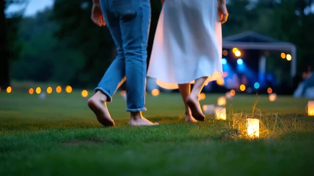 Duo dancing barefoot on grass, their outlines slightly blurred, glowing lanterns creating warm bokeh, acoustic stage faintly visible, with copy space