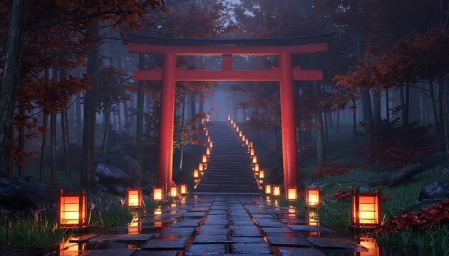 Mysterious ancient japanese shinto shrine torii gate illuminated by glowing lanterns on a misty forest path at dusk