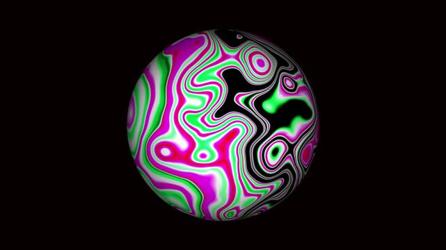 Rotating sphere with pink, white, and green liquid-style organic shapes.