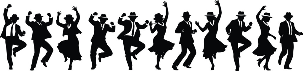 Collection of vintage dancing people silhouettes, energetic men and women in suits and dresses, retro swing party vector illustration isolated on white background