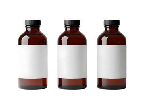 Three brown bottles with white labels and black caps on a black background