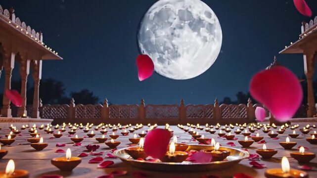 Karva Chauth Festival Diyas Full Moon Rose Petals Traditional Indian Ritual