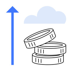 Stacked coins paired with an upward arrow and cloud emphasize financial growth, progress, and success. Ideal for savings, investments, economic advancement, startups, wealth management, market