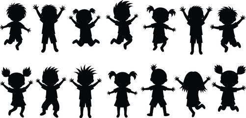 Set of active cartoon kids silhouettes, black happy children jumping and dancing with hands up, vector illustration isolated on white background