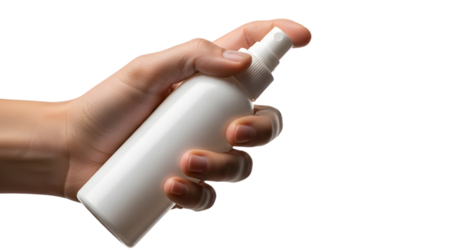 Hand holding and pressing white spray bottle isolated on transparent background