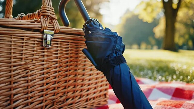 Compact umbrella tucked beside picnic basket
