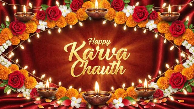 Happy Karva Chauth Festival Background Diya Lights and Floral Wreath