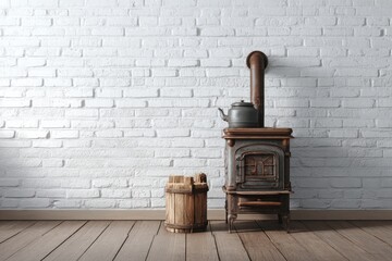 Aged wood stove, kettle, and bucket against a white brick wall