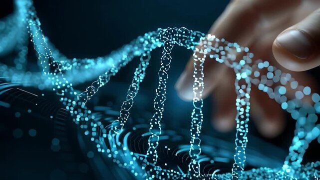 Genetic Exploration: A hand delicately interacts with a glowing, intricate DNA strand, symbolizing the complexities of scientific discovery and human potential.