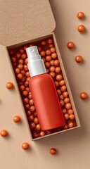 Red spray bottle in a box filled with orange spheres, warm tones