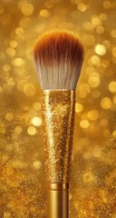 Golden makeup brush with soft bristles over a bokeh backdrop