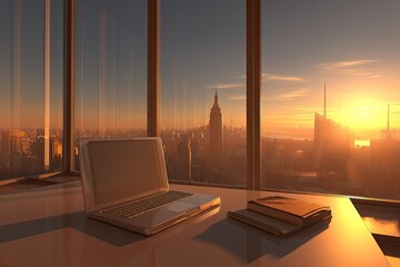 Laptop and books on a desk with a sunrise cityscape view