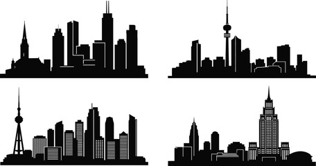 Set of city skyline silhouettes, urban landscape vector illustration, modern skyscraper collection, black town panorama icons for real estate design, isolated white
