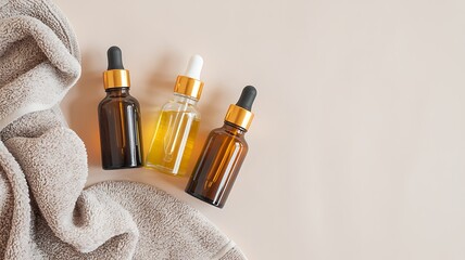 Overhead view of three amber glass dropper bottles filled with golden essential oils and a textured fabric on a neutral background