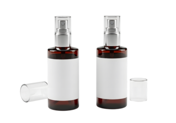 Two brown spray bottles with white labels and silver tops on black background