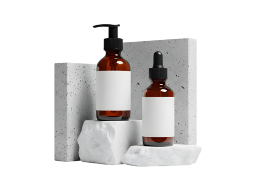 Two brown bottles with white labels on white rocks against a black background