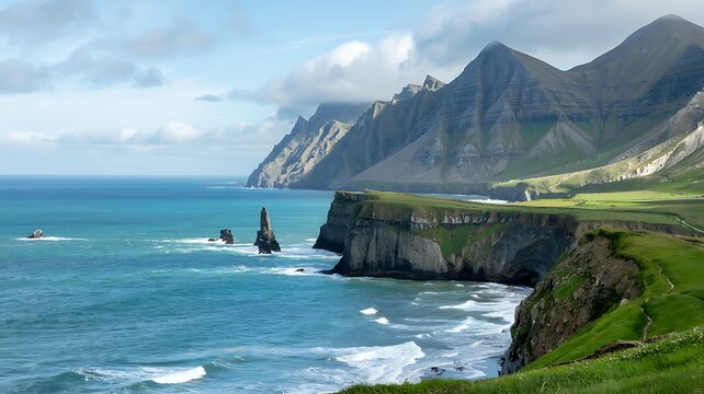 Dramatic coastal cliffs and jagged mountain peaks rise majestically above the turquoise ocean under a cloudy sky