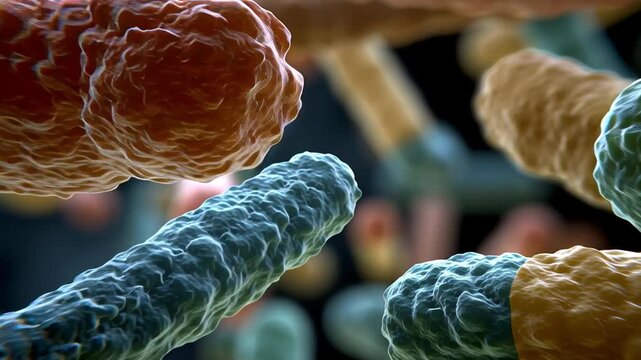 Microscopic World of Bacteria: An abstract and detailed macro image of colorful bacteria, highlighting the intricate world of microscopic life.