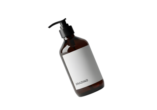Isolated brown bottle with pump and white label on black background bradind