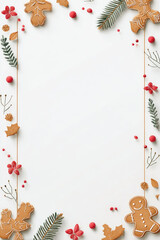 Minimalist Christmas frame with gingerbread, red berries, and greenery on a white paper background with copy space