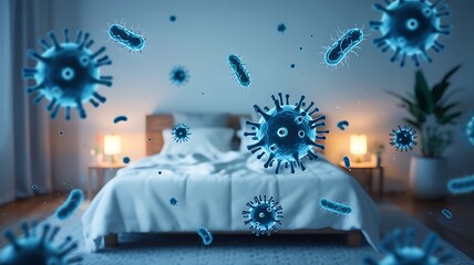 Microscopic view of glowing blue viruses and bacteria floating around a clean made bed in a dimly lit bedroom at night