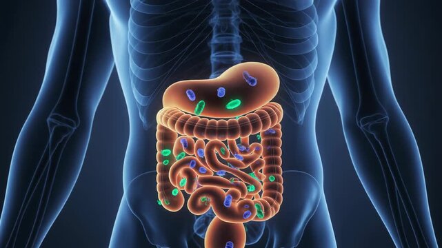 3d rendered medical animation of the normal intestinal flora of a man's colon