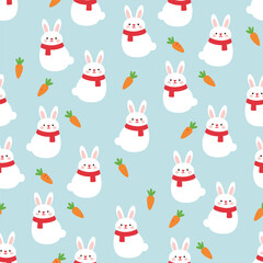 Christmas Animal Pattern Vector. Seamless Christmas Rabbit Pattern with Carrots and Snowflakes. Merry Christmas Pet Seamless Pattern Background.