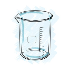 Hand drawn laboratory glass beaker illustration. Sketch style chemistry equipment with blue watercolor brush texture isolated on white background.