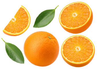orange fruit, halves, pieces and leaves isolated, transparent PNG, PNG format, Oranges with juicy flesh