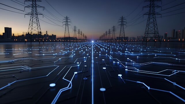 Abstract digital circuit board with glowing blue lines reflecting on a wet surface at dusk with power lines in the background