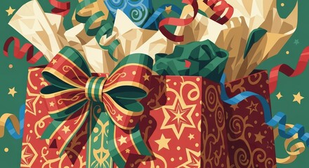 Festive Christmas Gift Box with Bow and Confetti Illustration.