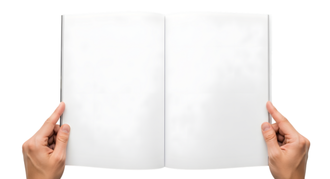 Hands holding open blank white brochure isolated on transparent background
