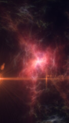 Abstract glowing red nebula with soft light beams and plasma clouds creating a cosmic scene