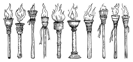 Set of burning torches with flames hand drawn medieval firelight vector illustration © Kaz