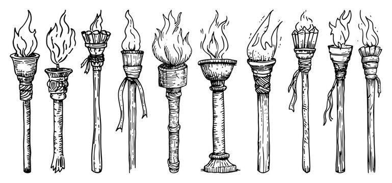 Set of burning torches with flames hand drawn medieval firelight vector illustration