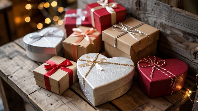 A collection of beautifully wrapped gift boxes in various shapes and sizes tied with ribbons set on a rustic wooden surface with bokeh lights