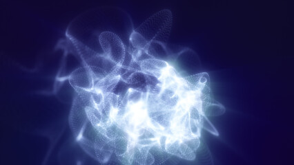 Abstract glowing formation of white light particles creating a soft cloud-like energy shape on a dark blue background