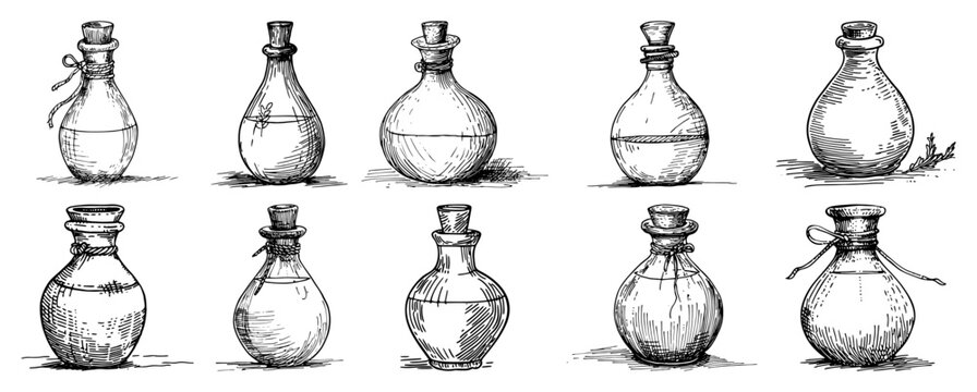 Vintage Glass Potion Bottles Set Hand Drawn Alchemy Vector Illustration