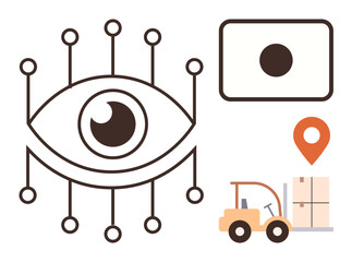 Eye with connected nodes, location pin, camera lens, forklift moving refrigerator. Ideal for technology, surveillance, IoT, logistics, smart delivery supply chain systems digital tracking simple