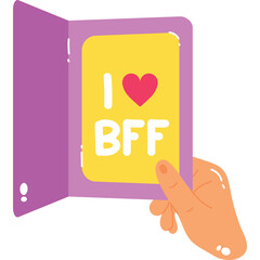 Hand Holding I Love BFF Card with Pink Heart and Yellow Background Inside Purple Open Card Against Transparent Background