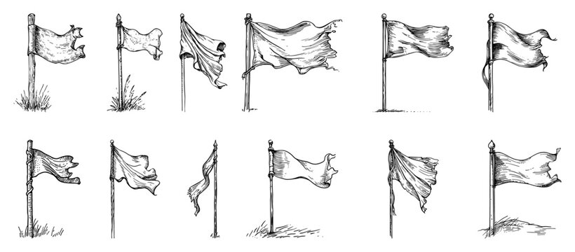 Set of waving medieval flags and banners on wooden poles with tattered edges vector sketch illustration collection