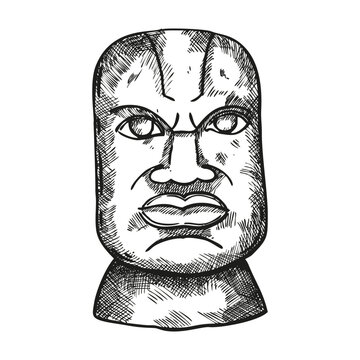 vector black olmec stone head, hand drawn ink ancient sculpture, monochrome Aztec colossal head illustration, old Mayan civilization totem in tropical forest sketch, archeological discovery