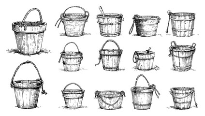 Set of vintage hand drawn wooden buckets and rustic pails with rope handles in engraving sketch style