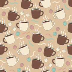 Merry Christmas Pattern Vector. Seamless Pattern Winter Background with Mugs, Marshmallows and Lines for Textile Print background.