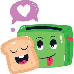 Green Toaster With Pink Accent Adorably Hugging A Happy Piece Of Toast With A Purple Heart Speech Bubble Above Them Against A Transparent Background