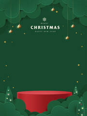 Christmas greeting poster template with paper art forest, hanging ornaments, stars, and product display podium for holiday promotion, celebration banner, and festive background.