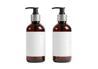 Fototapeta premium Two brown bottles with pump dispensers and blank labels on a black background